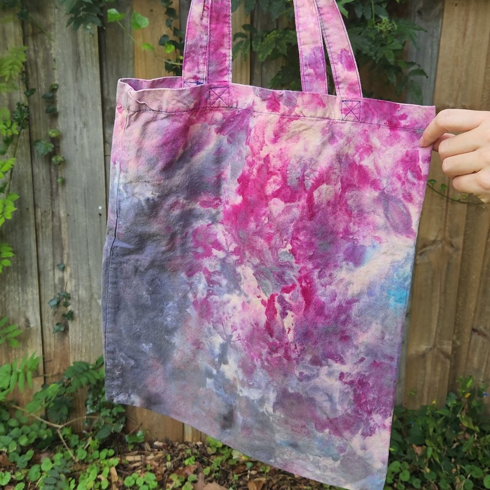 hand-tie-dyed tote bag -- fucsia and gray